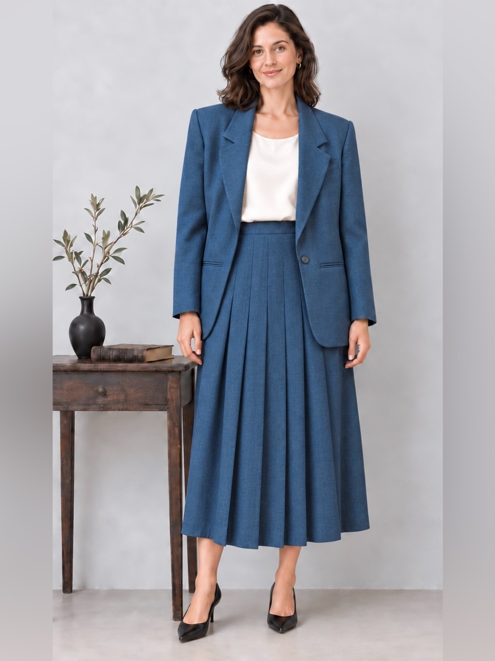 Vintage Kasper Blue Linen Blend Blazer Pleated Skirt Suit S 6